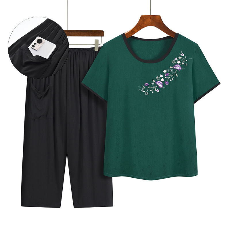 Middle-aged and elderly mothers short sleeve set (XL-4XL dark green) [After placing an order, please contact customer service to confirm the shipping size]