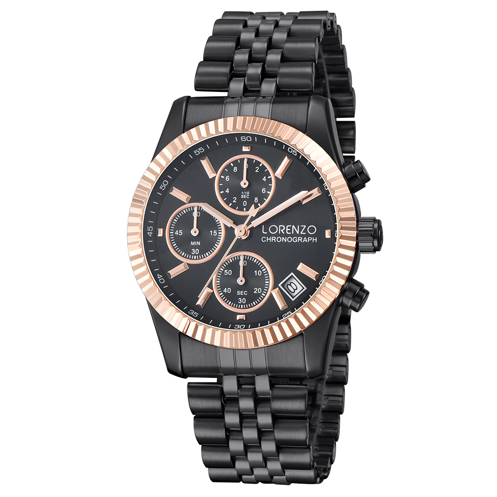 【Lorenzo 洛倫佐】LRZ-003 真三眼帶日期防水30米不鏽鋼石英錶-