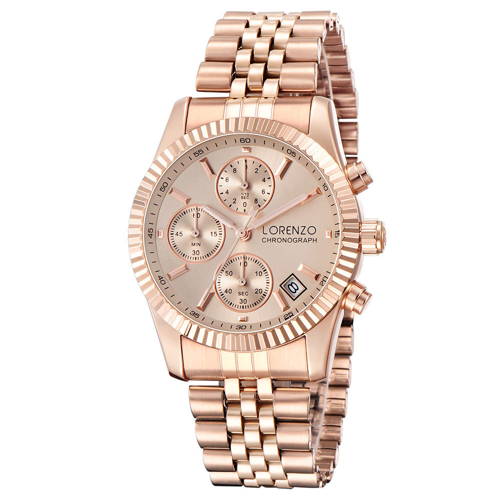 【Lorenzo 洛倫佐】LRZ-003 真三眼帶日期防水30米不鏽鋼石英錶-