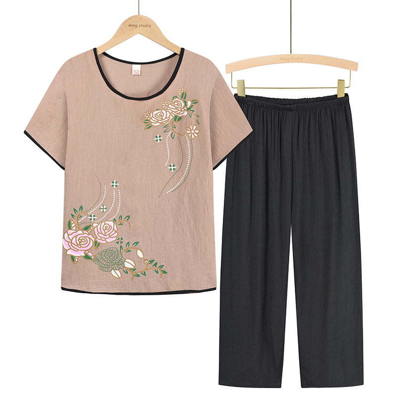 Middle-aged and elderly mom short-sleeved set (XL-4XL apricot color) [After placing an order, please contact customer service to confirm the shipping size]