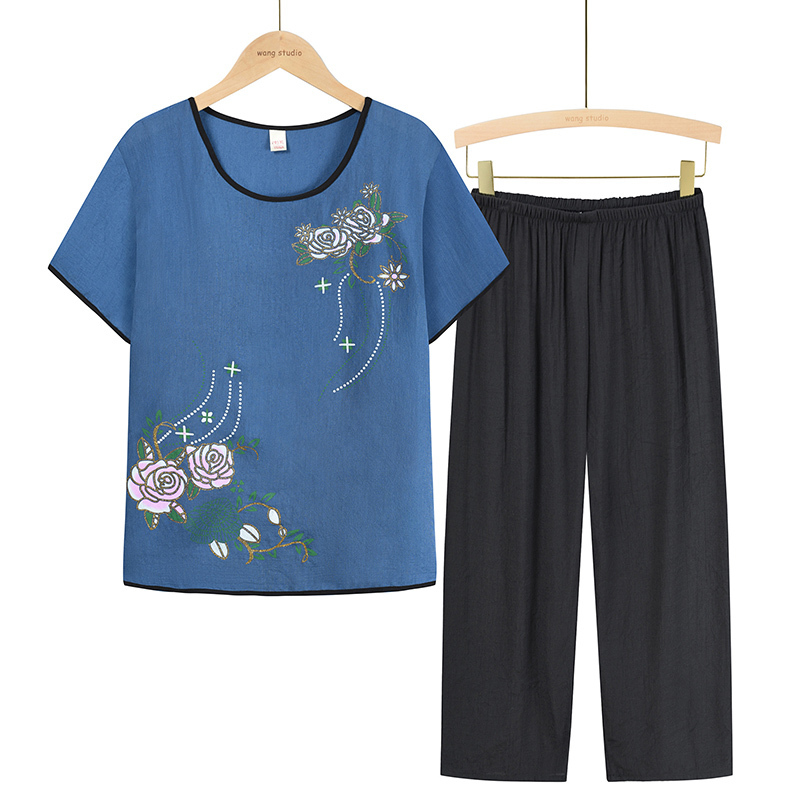 Middle-aged and elderly mom short-sleeved set (XL-4XL blue) [Please contact customer service to confirm the shipping size after placing an order]