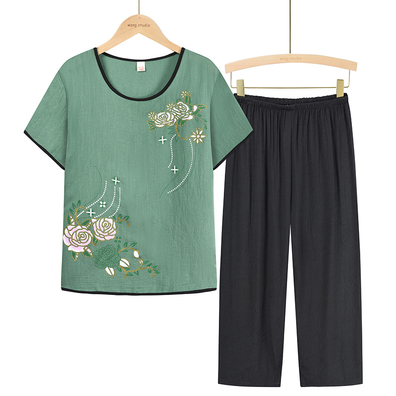 Middle-aged and elderly mothers short sleeve set (XL-4XL size green) [After placing an order, please contact customer service to confirm the shipping size]