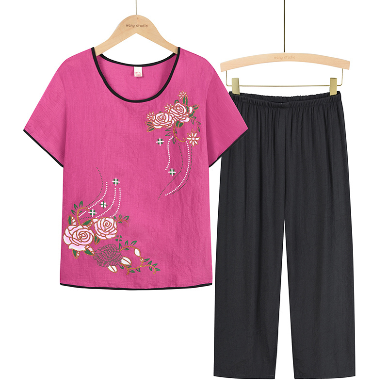 Middle-aged and elderly mothers short sleeve set (XL-4XL size fuchsia) [After placing an order, please contact customer service to confirm the shipping size]