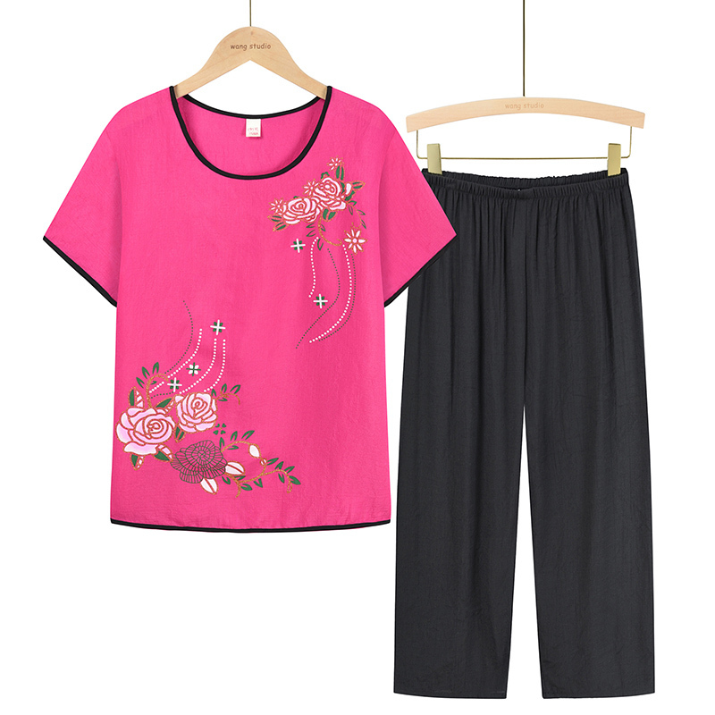 Middle-aged and elderly mom short-sleeved suit (XL-4XL size rose) [After placing an order, please contact customer service to confirm the shipping size]