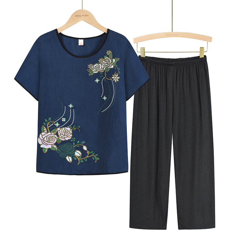 Middle-aged and elderly mom short sleeve suit (XL-4XL navy blue) [Please contact customer service to confirm the shipping size after placing an order]