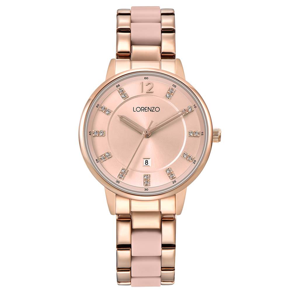【Lorenzo 洛倫佐】LRZ-006 帶日期晶鑽時標不鏽鋼石英錶-