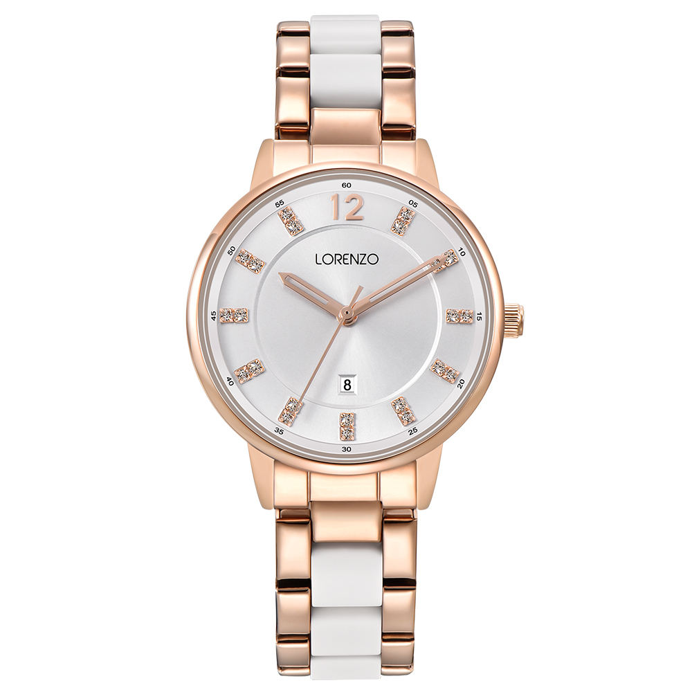 【Lorenzo 洛倫佐】LRZ-006 帶日期晶鑽時標不鏽鋼石英錶-