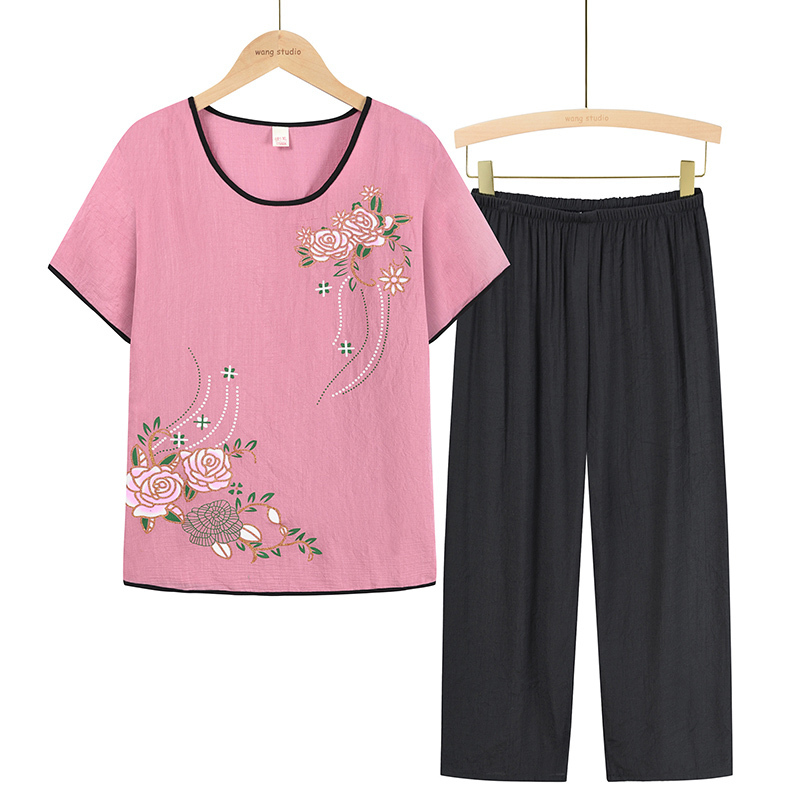 Middle-aged and elderly mom short-sleeved suit (XL-4XL pink) [After placing an order, please contact customer service to confirm the shipping size]