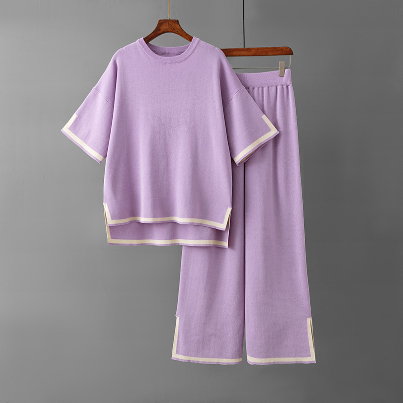 Temperament slit short sleeve knit suit (one size plus top + pants purple)