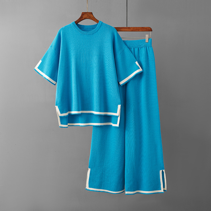 Temperament slit short sleeve knit suit (one size top + pants lake blue)