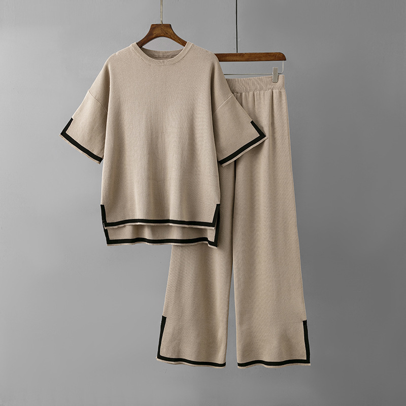 Temperament slit short sleeve knit suit (one-size-fits-all top + pants deep card)