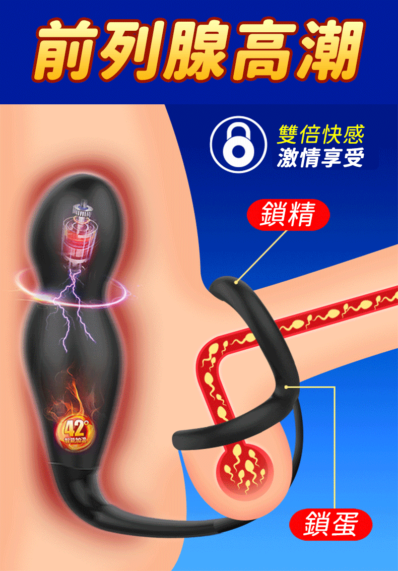緊箍棒｜三環鎖精＋超強震動前列腺按摩棒＋智能加溫｜震動鎖精環、肛塞