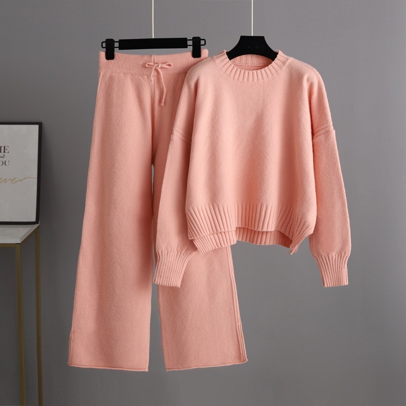 Temperament Casual Knit Sweater Set (One-size-fits-all Top + Pants Pink)