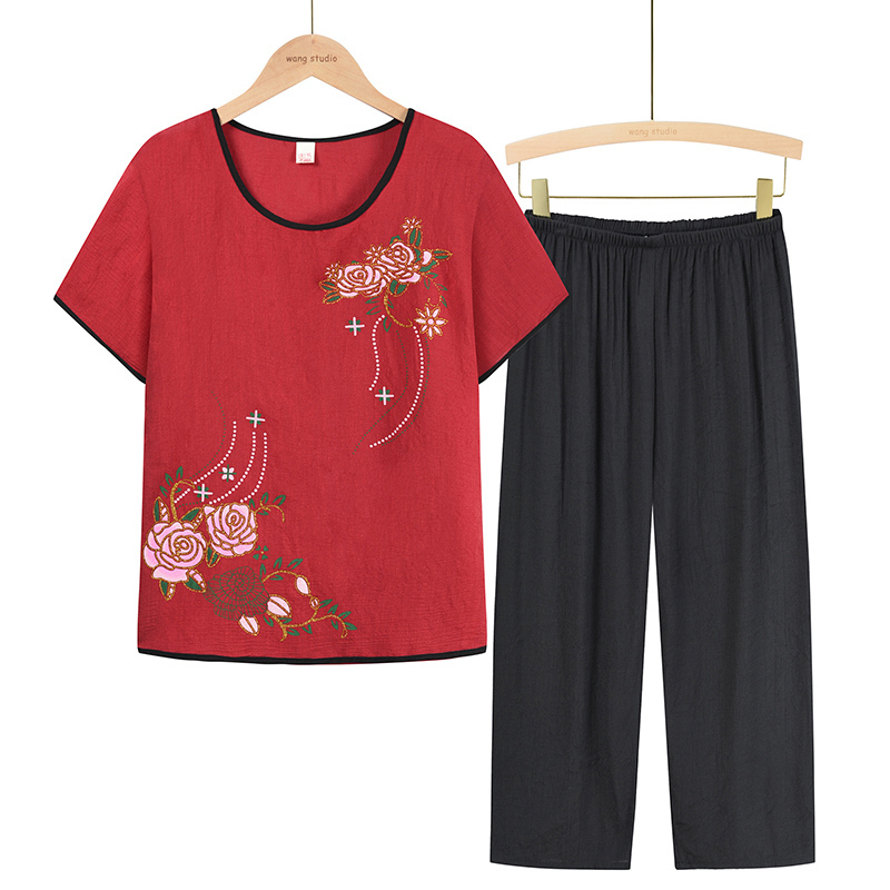 Middle-aged and elderly mothers short sleeve set (XL-4XL brick red) [After placing an order, please contact customer service to confirm the shipping size]