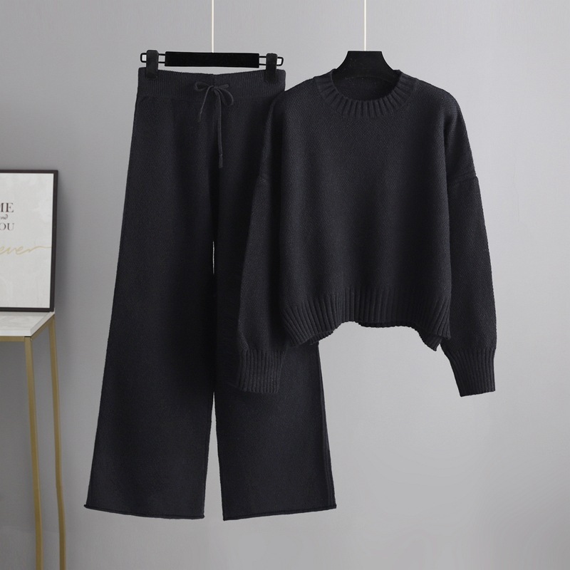 Temperament casual knitted sweater set (one-size-fits-all top + pants black)