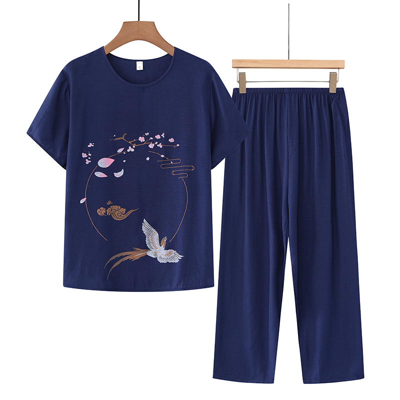 Middle-aged and elderly mother's short-sleeved suit (XL-4XL navy blue) [After placing an order, please contact customer service to confirm the shipping size]