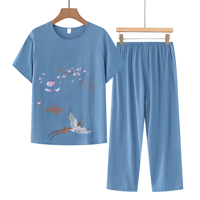 Middle-aged and elderly mom short-sleeved set (XL-4XL blue) [Please contact customer service to confirm the shipping size after placing an order]