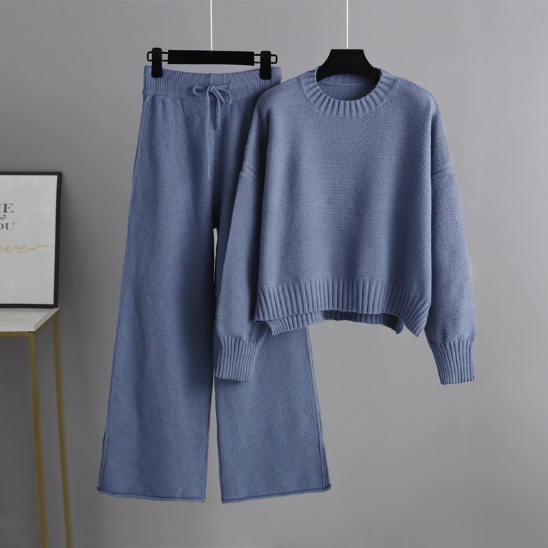 Temperament Casual Knitted Sweater Set (One-size-fits-all Top + Pants Blue)