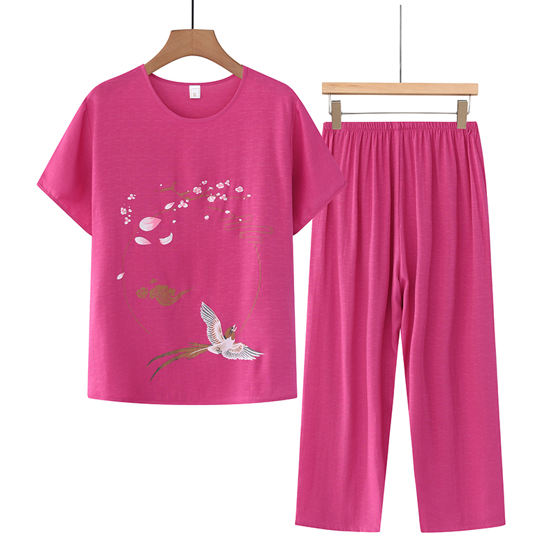 Middle-aged and elderly mom short-sleeved suit (XL-4XL size rose) [After placing an order, please contact customer service to confirm the shipping size]