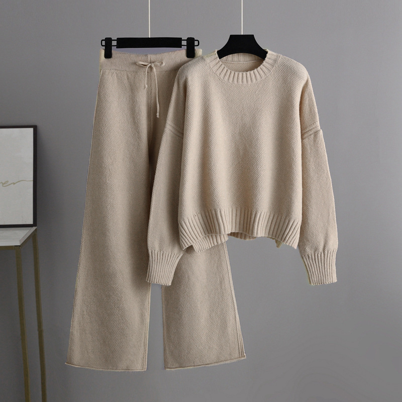Temperament casual knitted sweater set (one-size-fits-all top + pants khaki)