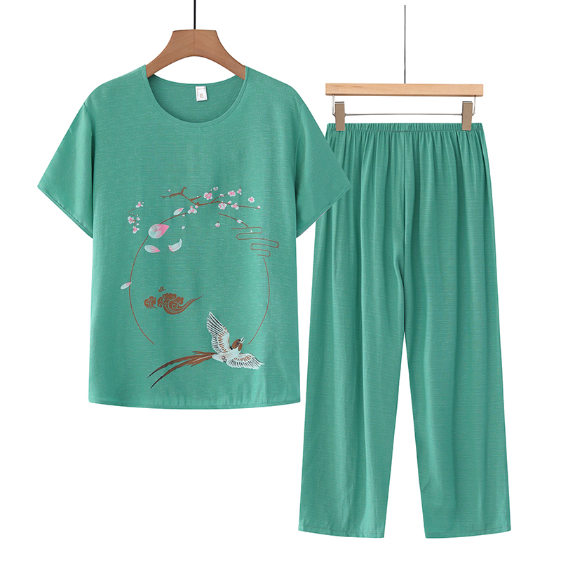 Middle-aged and elderly mothers short sleeve set (XL-4XL size green) [After placing an order, please contact customer service to confirm the shipping size]