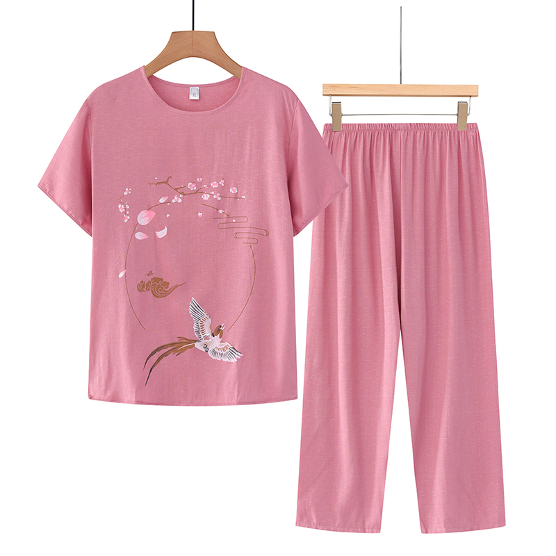 Middle-aged and elderly mom short-sleeved suit (XL-4XL pink) [After placing an order, please contact customer service to confirm the shipping size]
