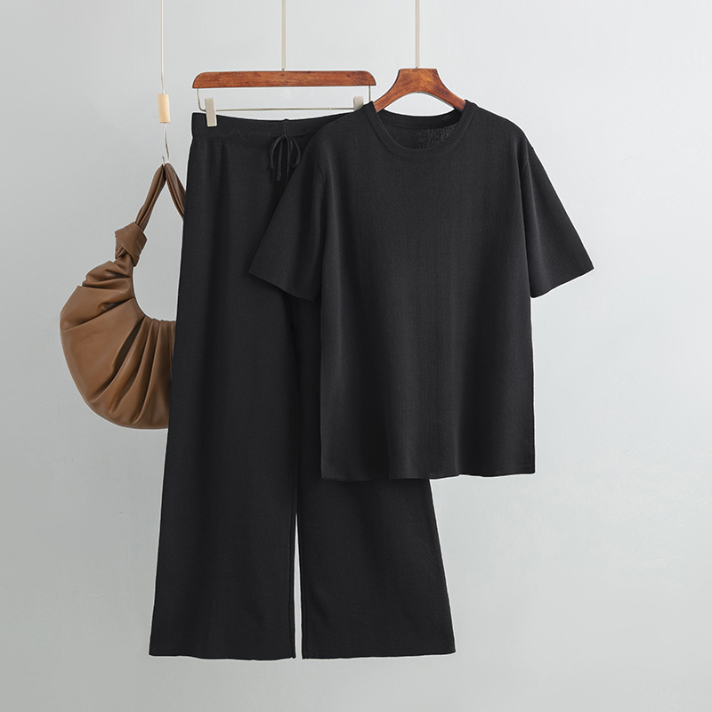Temperament casual knitted sweater set (one-size-fits-all top + pants black)