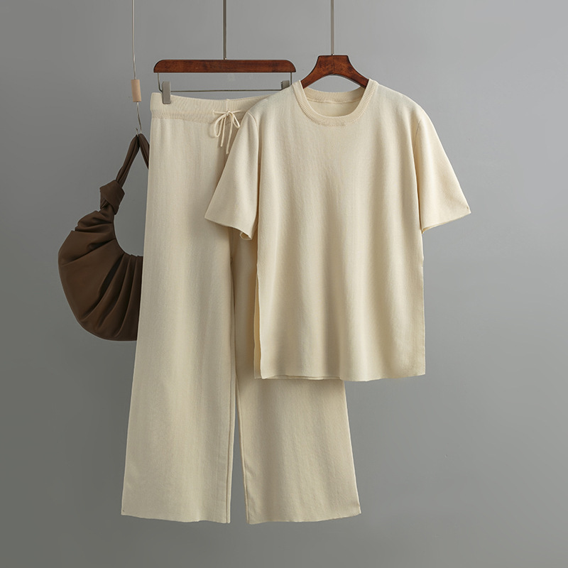 Temperament casual knitted sweater set (one-size-fits-all top + pants apricot)