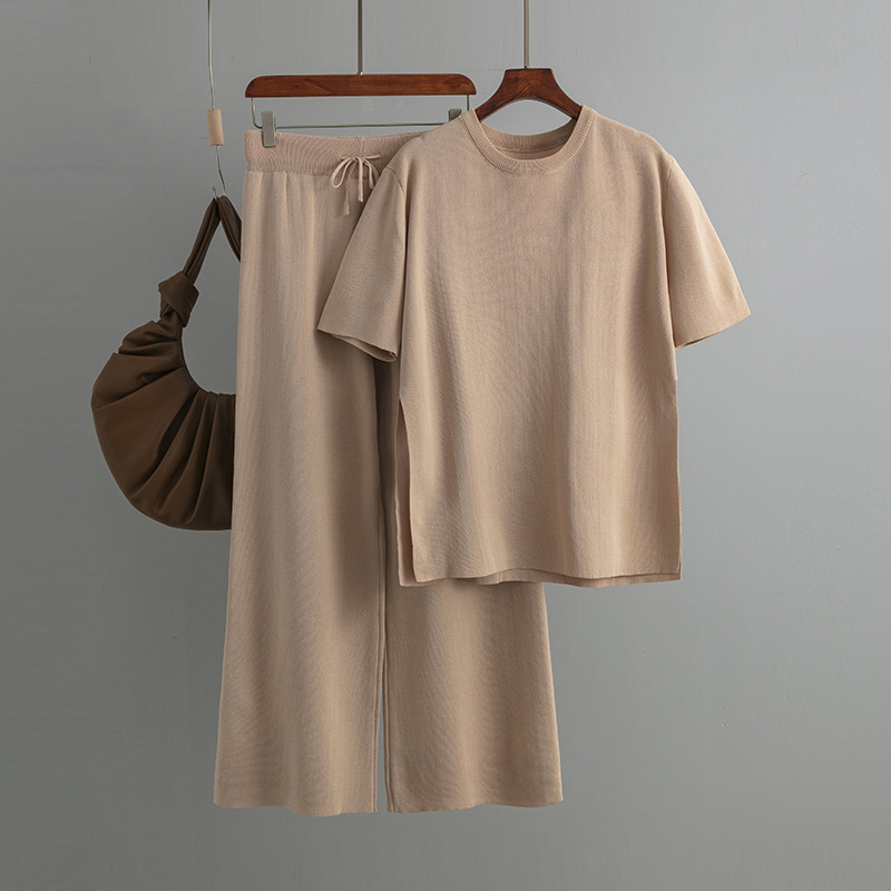 Temperament casual knitted sweater set (one-size-fits-all top + pants khaki)