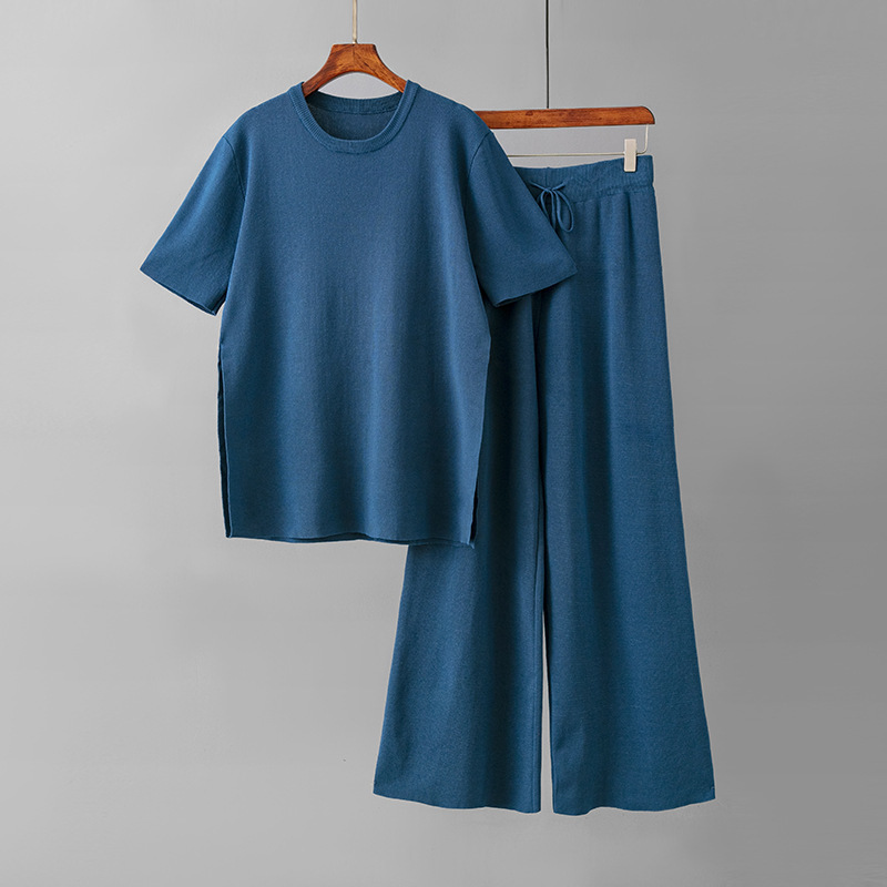 Temperament Casual Knitted Sweater Set (One-size-fits-all Top + Pants Blue)