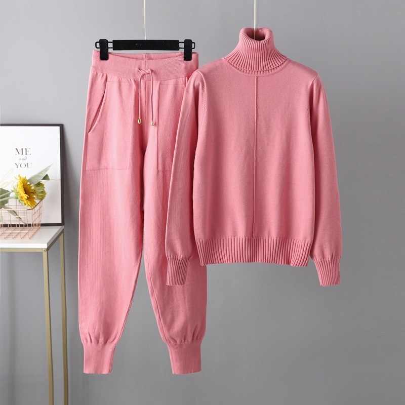 Temperament Casual Knit Sweater Set (One-size-fits-all Top + Pants Pink)