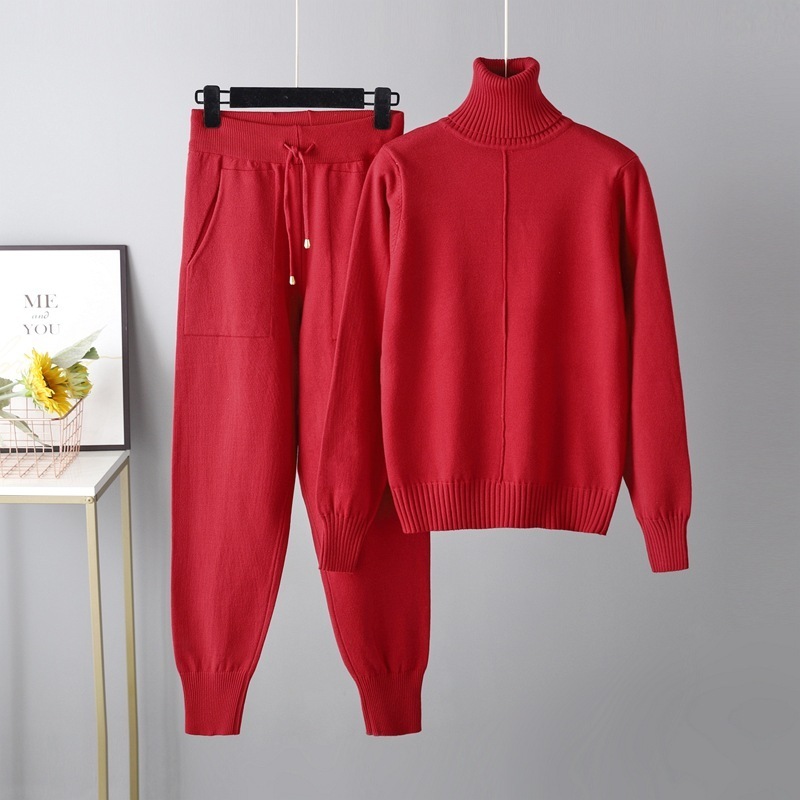 Temperament casual knitted sweater set (one-size-fits-all top + pants red)