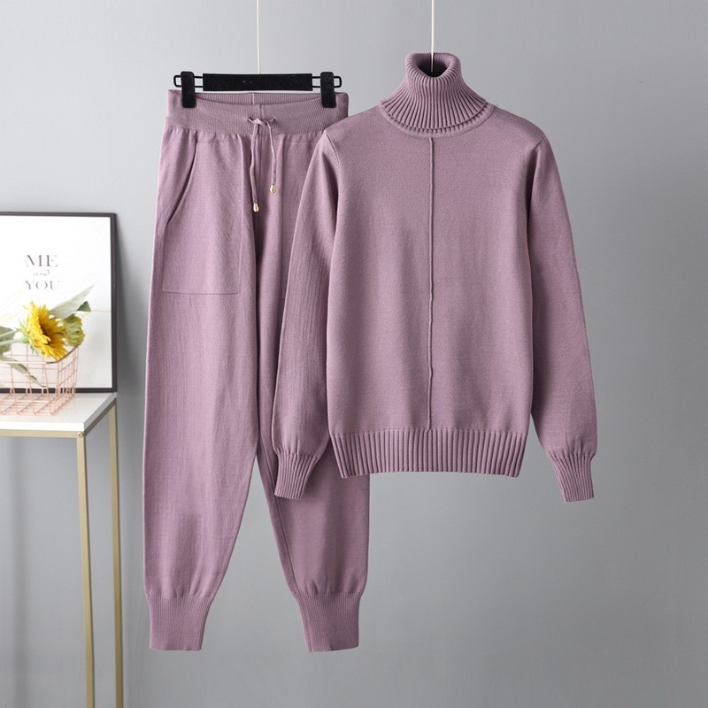 Temperament casual knitted sweater set (one size plus top + pants purple)