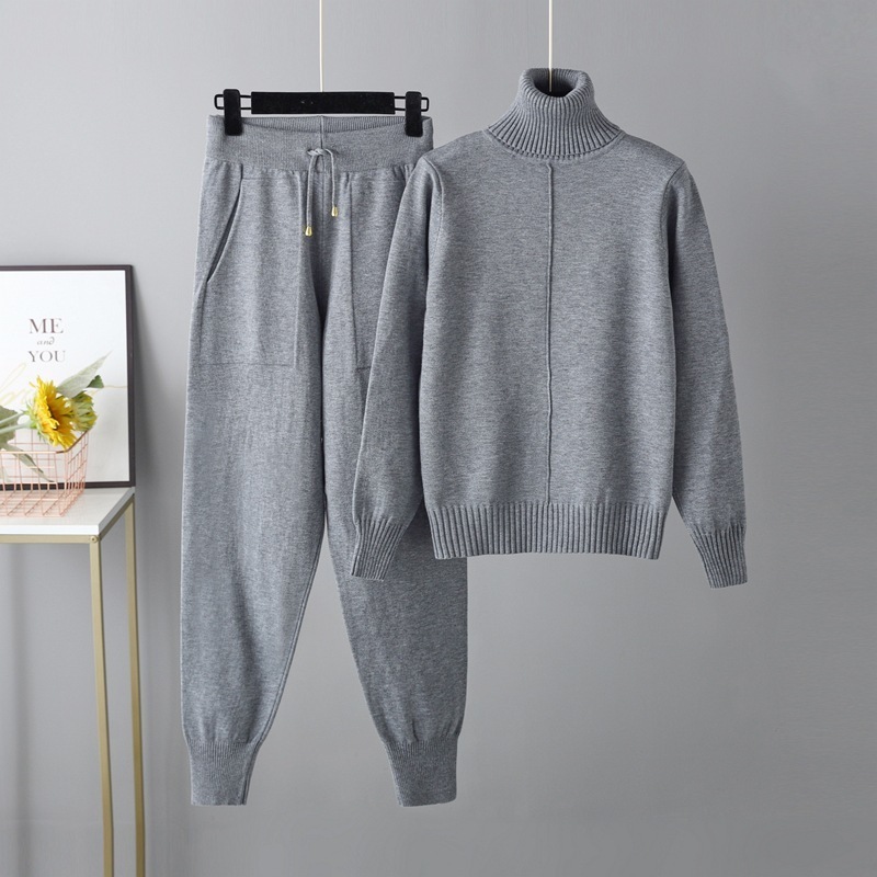 Temperament Casual Knit Sweater Set (One-size-fits-all Top + Pants Grey)