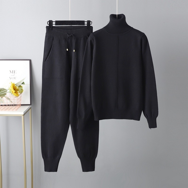 Temperament casual knitted sweater set (one-size-fits-all top + pants black)