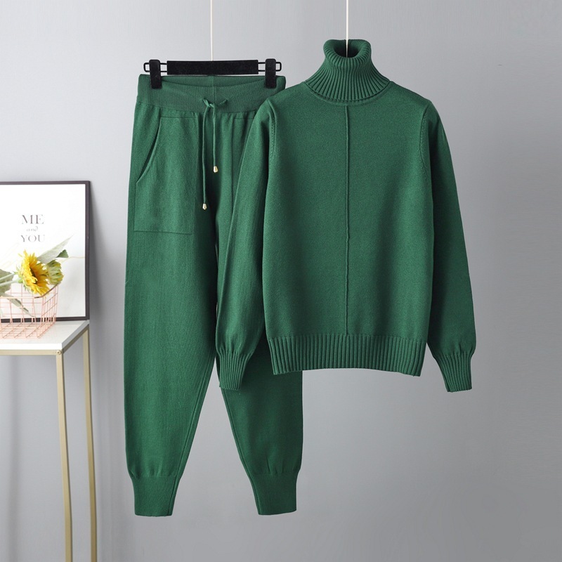 Temperament casual knitted sweater set (one size plus top + pants green)