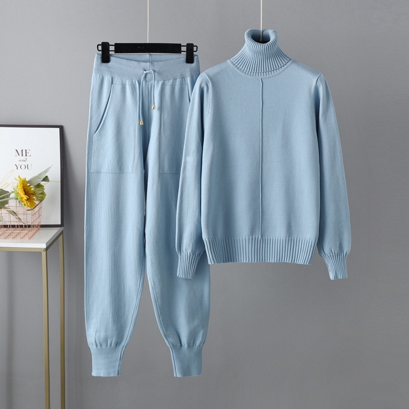 Temperament casual knitted sweater set (one-size-fits-all top + pants sky blue)