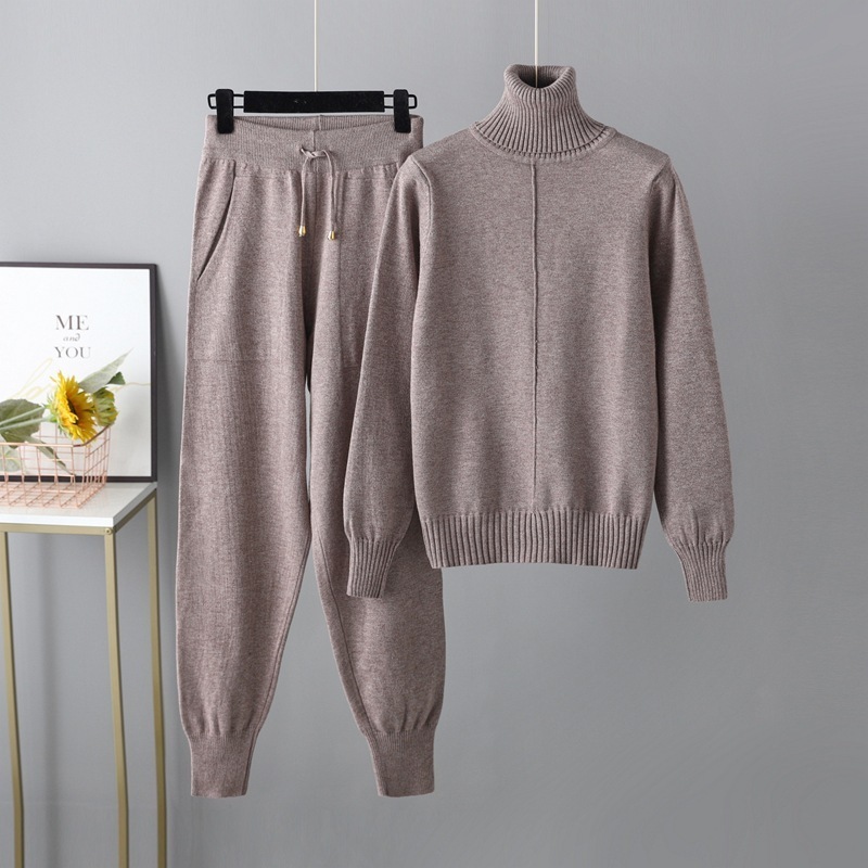 Temperament casual knitted sweater set (one-size-fits-all top + pants flower coffee)