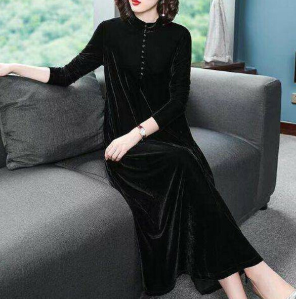 Gold Velvet Long Sleeve Pullover Dress [Black] (M-4XL) (Contact customer service to confirm size after placing an order)