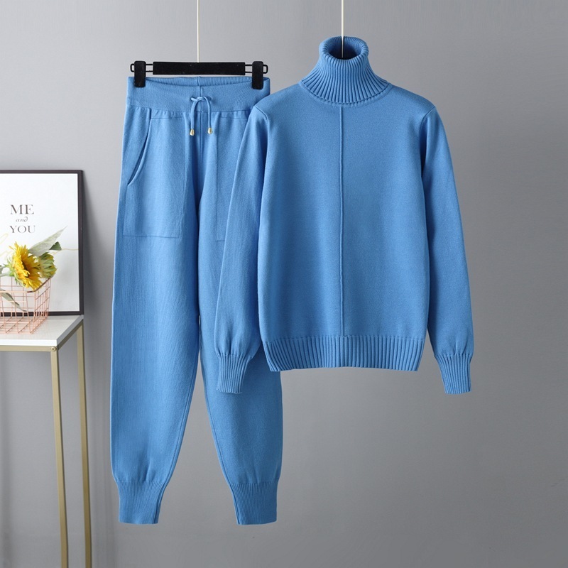 Temperament Casual Knitted Sweater Set (One-size-fits-all Top + Pants Blue)