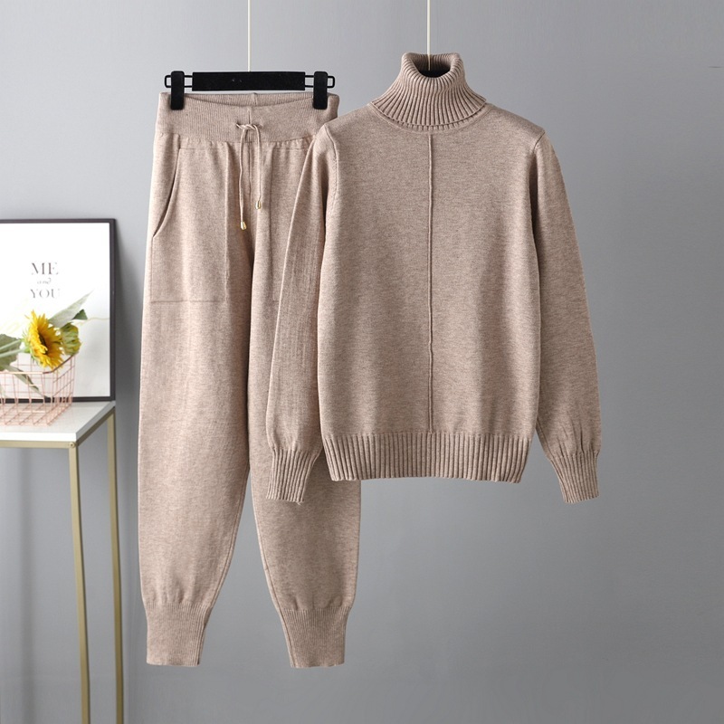 Temperament casual knitted sweater set (one-size-fits-all top + pants khaki)