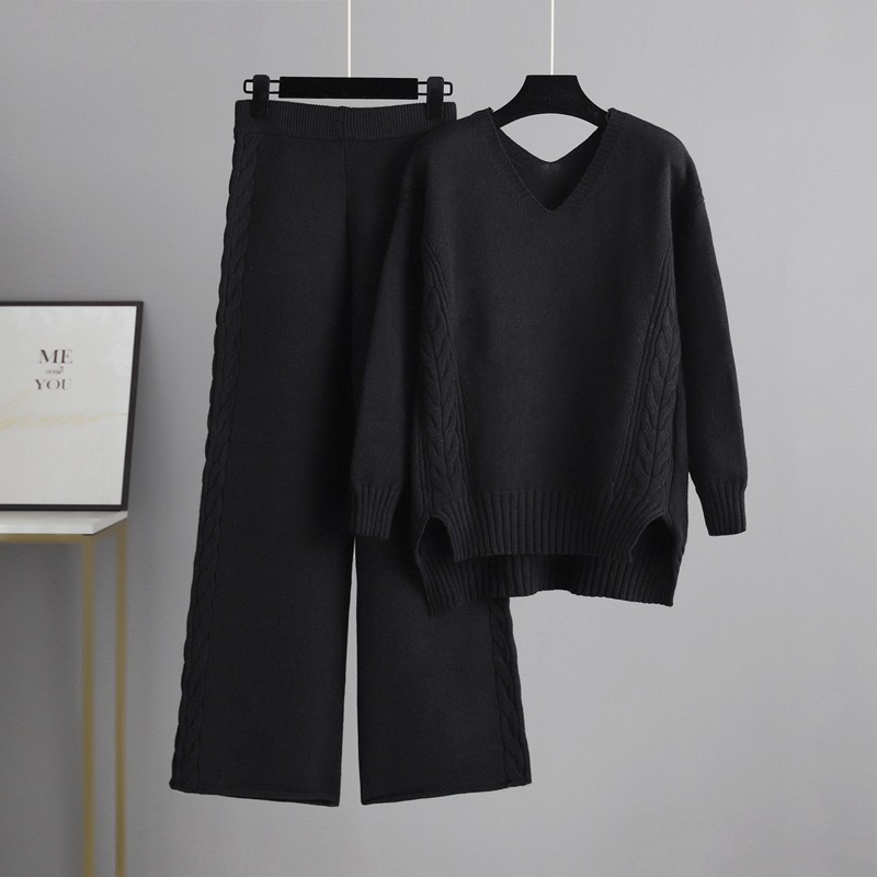 Temperament casual knitted sweater set (one-size-fits-all top + pants black)