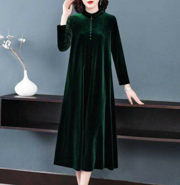 Gold Velvet Long Sleeve Pullover Dress [Green] (M-4XL) (Contact customer service to confirm size after placing an order)