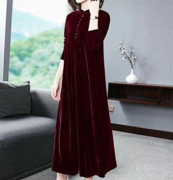 Gold Velvet Long Sleeve Pullover Dress [Burgundy] (M-4XL) (Contact customer service to confirm size after placing an order)