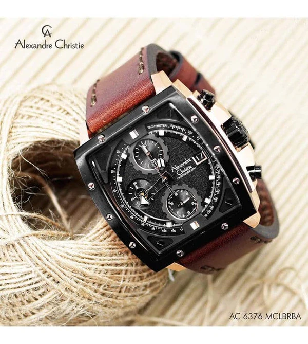 萬年鐘錶 - Alexandre Christie  經典配色方形霸氣皮革款男錶 6376MCLBRBA 錶徑44MM  (AC 錶)