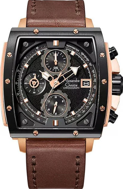 萬年鐘錶 - Alexandre Christie  經典配色方形霸氣皮革款男錶 6376MCLBRBA 錶徑44MM  (AC 錶)