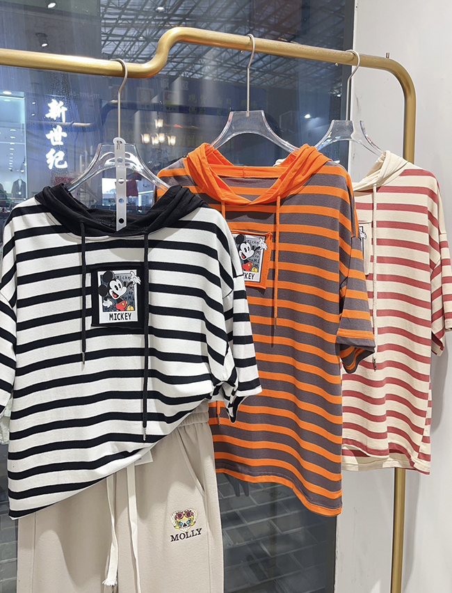 萌萌米奇橫條短袖帽T-三色實拍