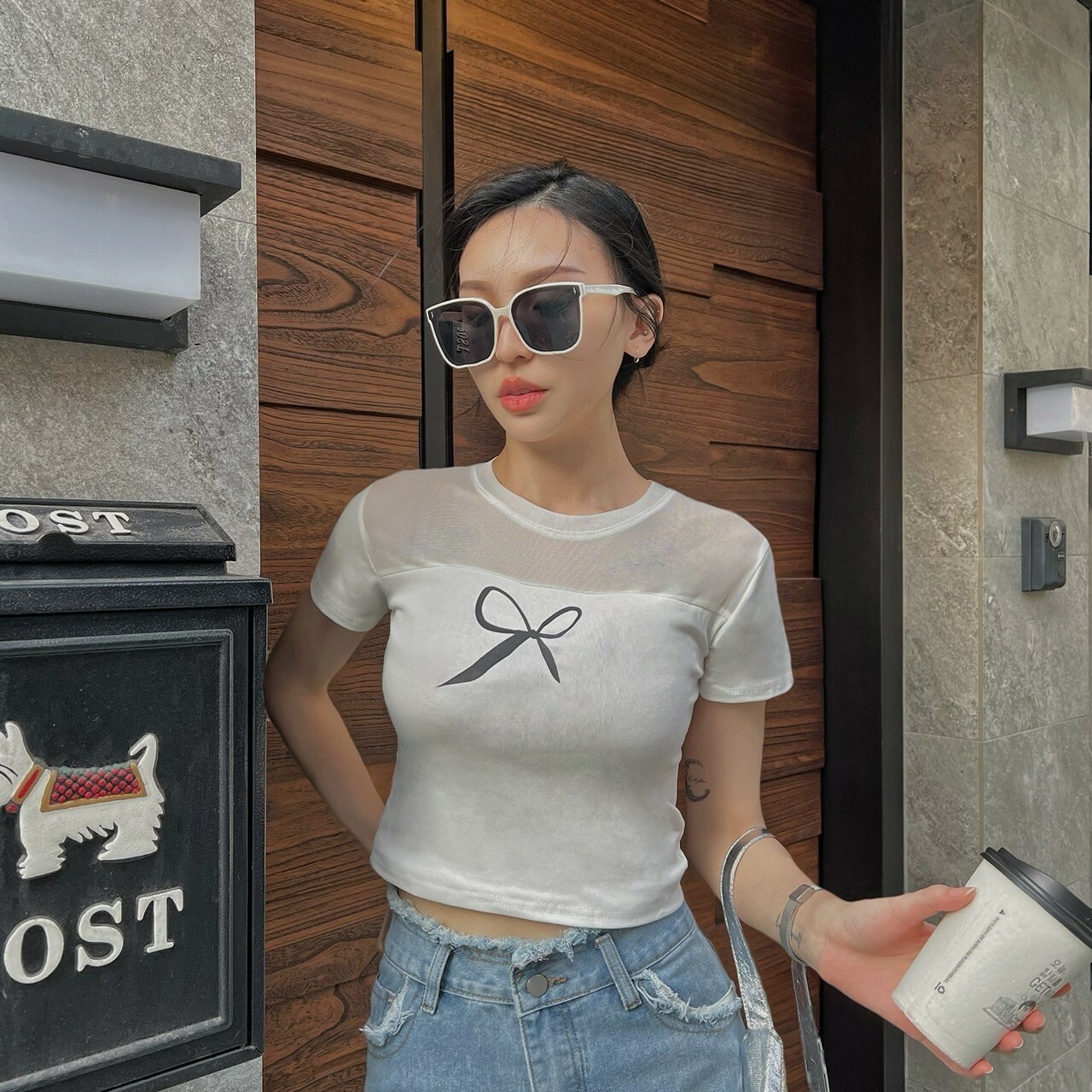 網紗拼接蝴蝶結短TEE/二色