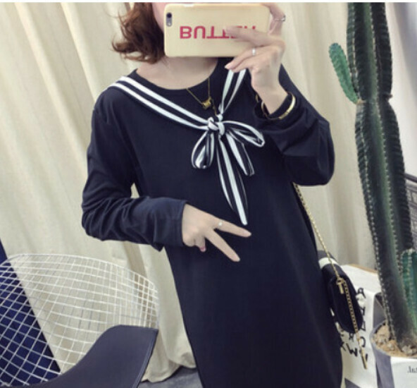 Long Sleeve Fake Scarf Striped Dress [Black] (M-3XL size) (Contact customer service to confirm size after placing an order)