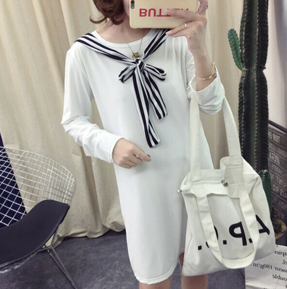 Long Sleeve Fake Scarf Striped Dress [White] (M-3XL) (Contact customer service to confirm size after placing an order)